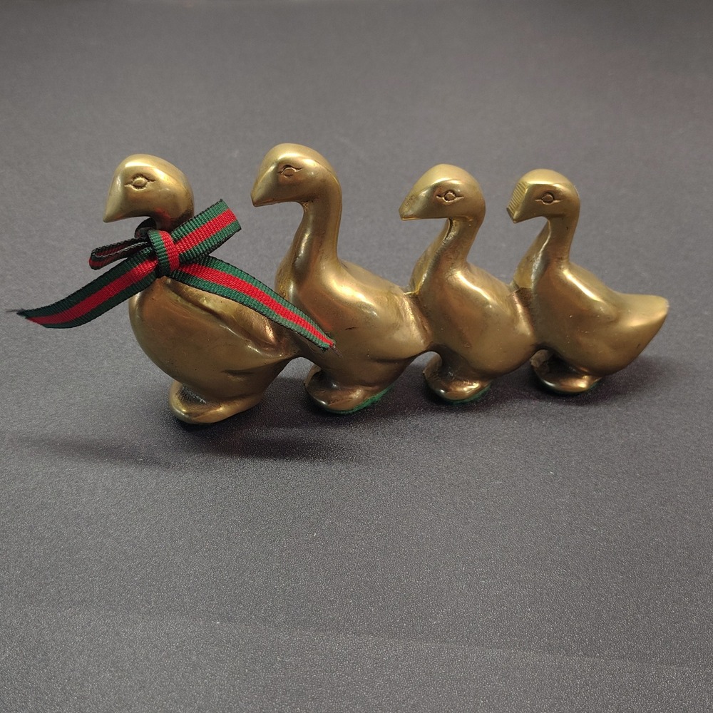 Brass Duck Figurine 6in Vintage Four Geese in a Row Bow